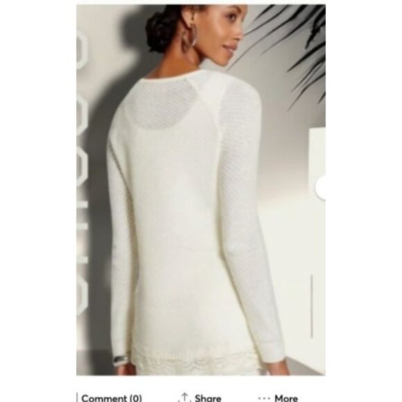 Chicos 4 Womens Size 2x rhinestone Embellished Knit Sweater Ivory lace hem - Picture 8 of 11